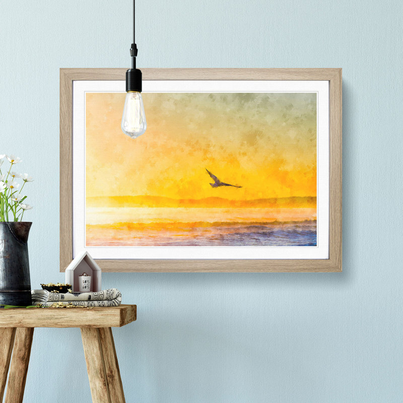 Seagull Flying over the Beach - Picture Frame Painting Print, 33cm H x 45cm W x 2cm D, Oak Framed