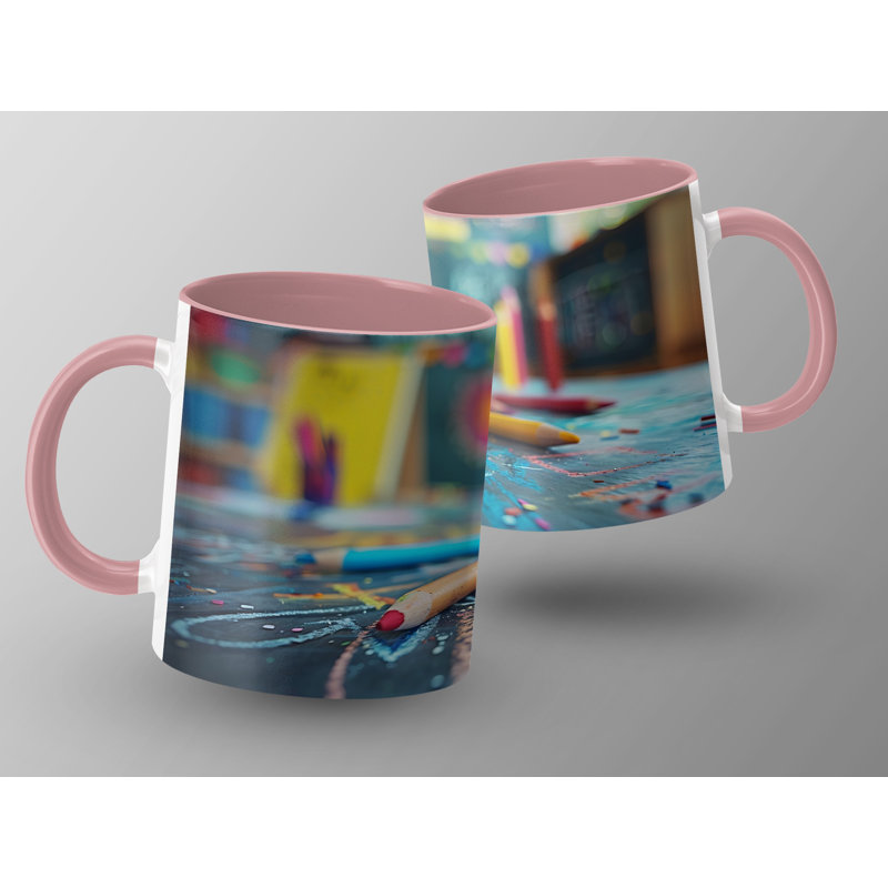 Kids Drawing Style 11oz Accent Mugs – Ceramic Coffee Cup with a Pink Handle and Interior