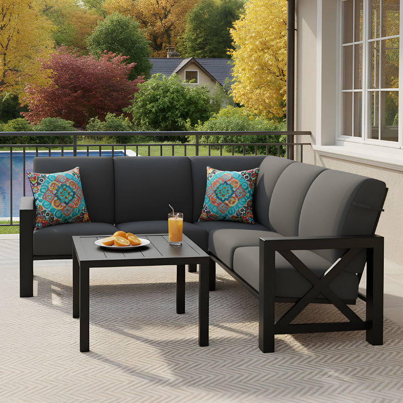 Outdoor L-shape Patio Conversation Metal 5 - Person Seat Group With Thick Cushion, Dark Gray Cushion/Black Frame