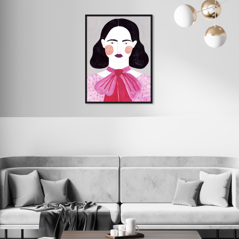 Dame en rose - peinture sur toile, Cadre noir, H 21 po x l 17 po