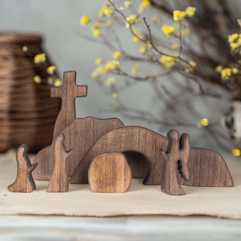 7-pcs Wooden Easter Resurrection Scene With Empty Tomb And Cross, Easter Tabletop Jesus Nativity Set