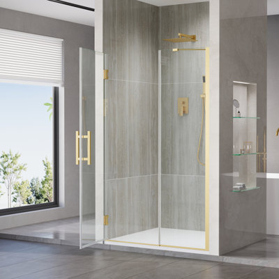 44-45 in. W x 72 in. H Hinged Frameless Shower Door with Fixed Glass Combo, 3/8 in. SGCC Clear Tempered Glass,Brushed Gold