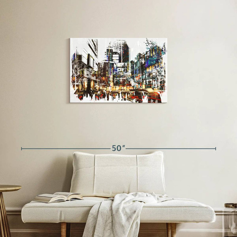 Acrylique de paysage urbain abstrait Sireci, H 20 po x l 30 po