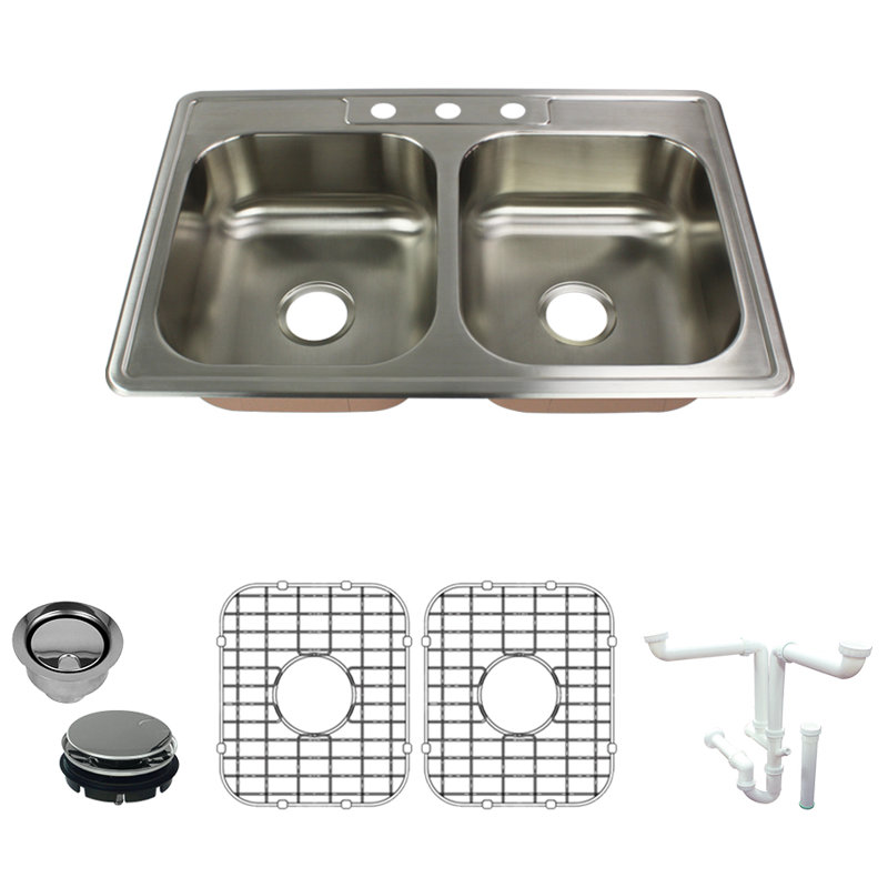 Classic 33'' L Double Bowl Stainless Steel Kitchen Sink, 3 Hole