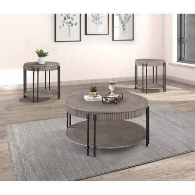 3Pc Contemporary Round Coffee Table And Two End Table With Storage Shelf