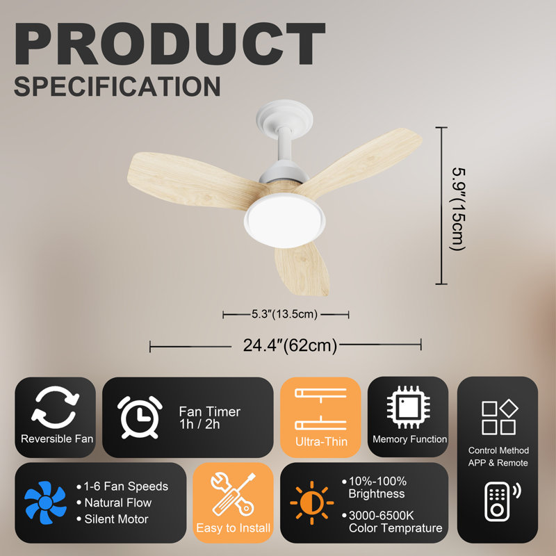 Ventilateur de plafond 24,4 po avec finition en bois avec lumière, 3 pales en ABS, moteur CC réversible à 6 vitesses, DEL à intensité variable 3000K-6500K, APP et télécommande, ventilateur encastré pour patio de salon de chambre à coucher