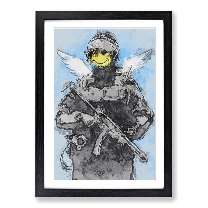Smiley Policeman by Banksy - Picture Frame Painting Print on MDF, Black Framed, 87cm H x 62cm W x 2cm D