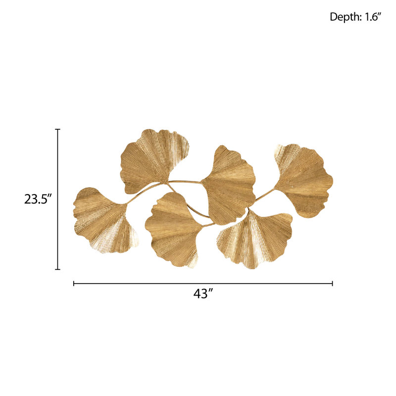 Dimensional Gold Metal Ginkgo Leaf Wall Artwork - 43"l X 23.5"h 1.6"d, Hang Vertically For Indoor Accent Single Piece Sculptural Keyhole Mount Vertical Installation On Surface