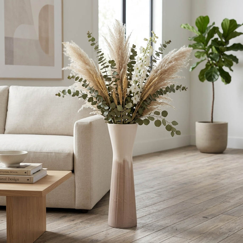 Richarson Ribbed Ceramic Floor Vase, 24" H x 7" W x 7" D, Brown/Beige