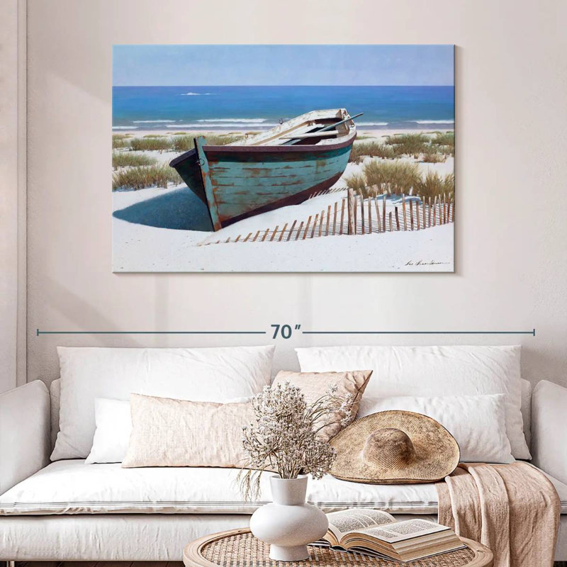 Mehar, bateau bleu sur la plage, H 32 po x l 48 po