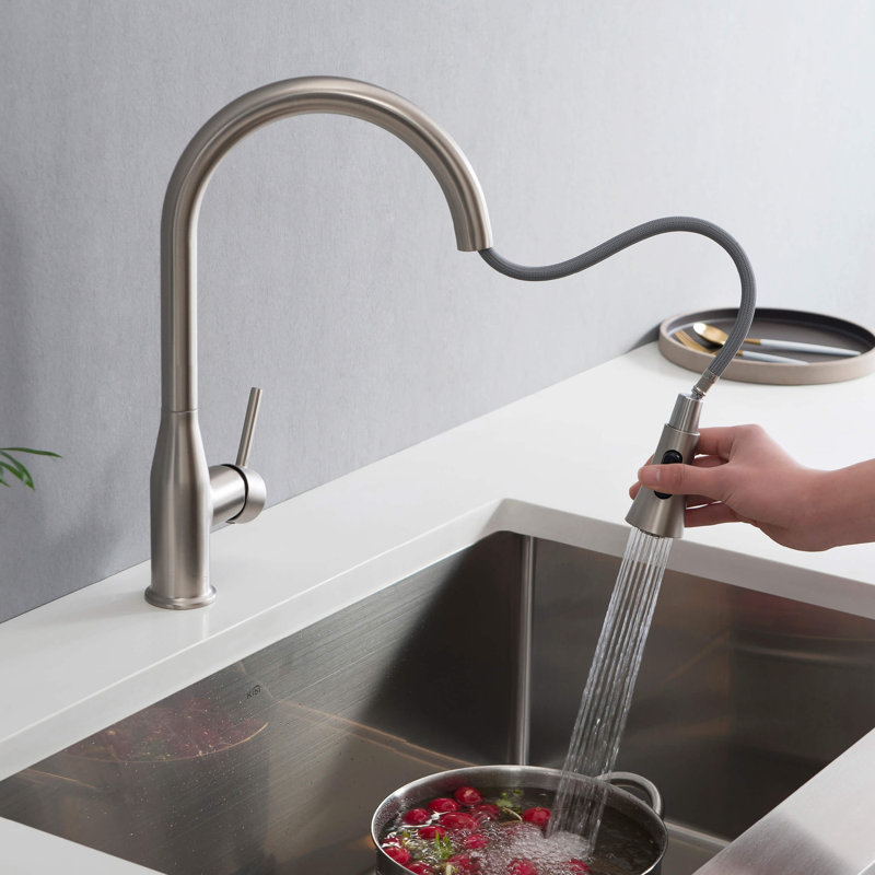 Robinet de cuisine à poignée simple avec accessoires Napa KIBI, Nickel brossé, Sans distributeur de savon