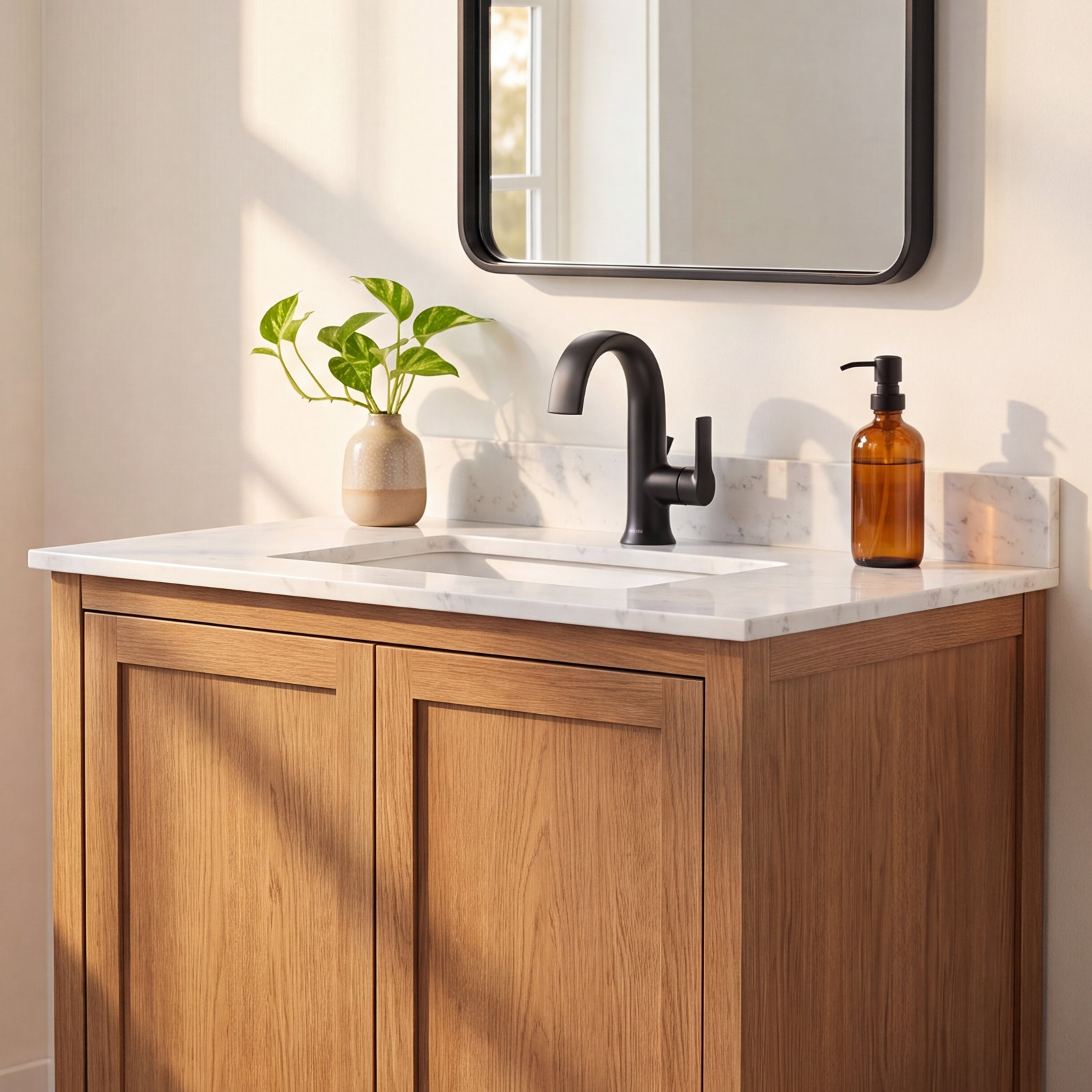 Doux Single-Hole Bathroom Faucet with Drain, Matte Black