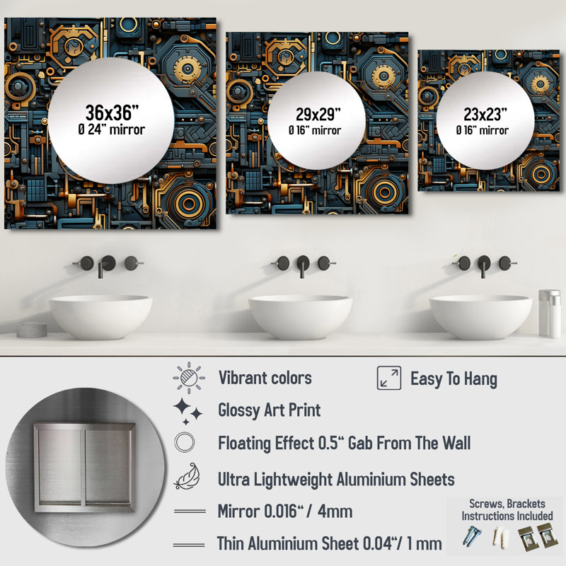 Steampunk industriel doré et bleu sarcelle géométrique - miroir carré moderne pour décoration murale, 29 po x 29 po