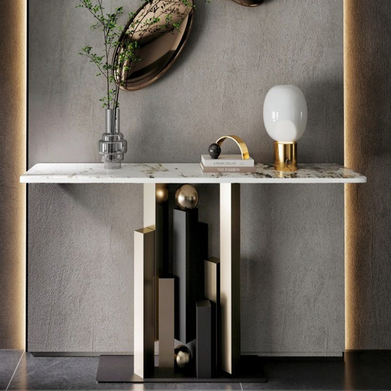 Console moderne en pierre frittée simple, H 33,4 po x l 47,2 po x P 11,8 po, Blanc/Noir, Or/noir