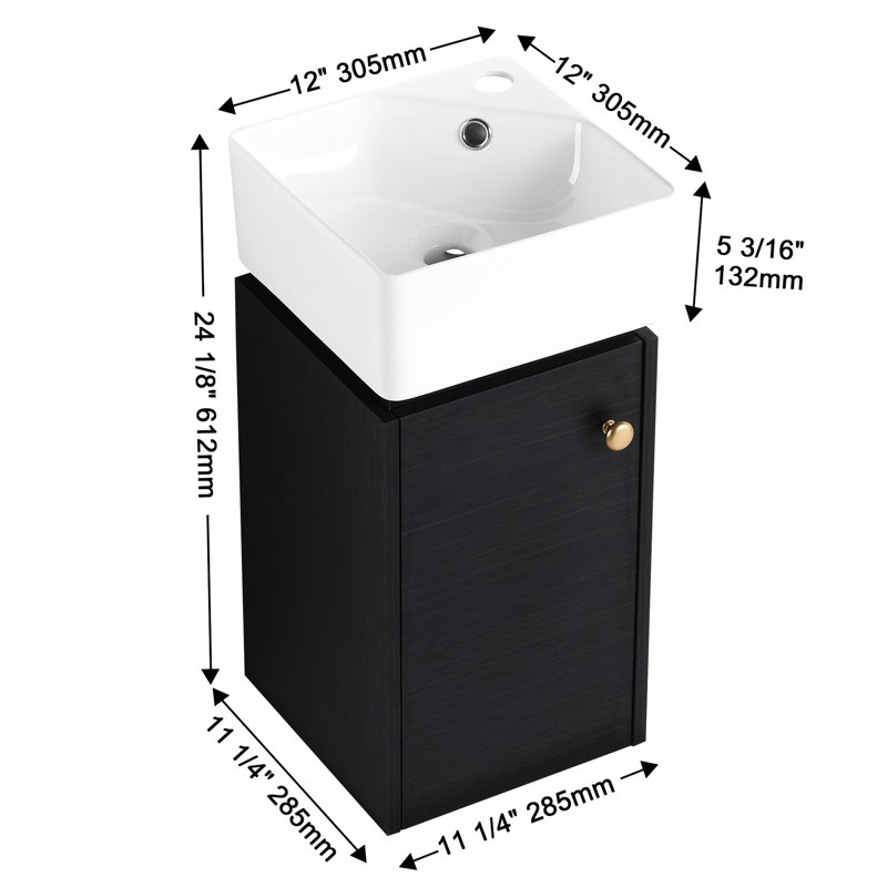 Petit meuble-lavabo compact avec lavabo, 12 po x 12 po x 24,1 po, fixation murale, châtaignier noir, cuve en céramique lisse, taille 12 po, -
