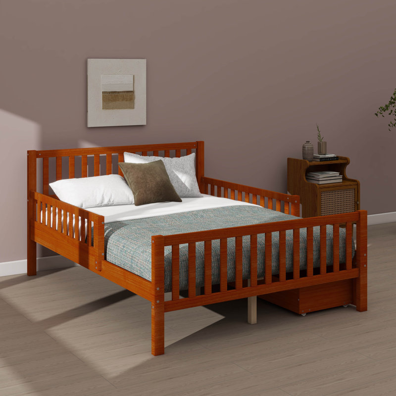Lit plateforme double en bois avec garde-corps double et double compartiment de rangement, Double, Noyer