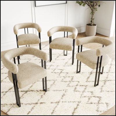 Ensemble de 2 fauteuils de salle à manger rembourrés avec tissu bouclé, structure en métal, siège et dossier rembourrés, résistant aux taches pour le salon et la salle à manger