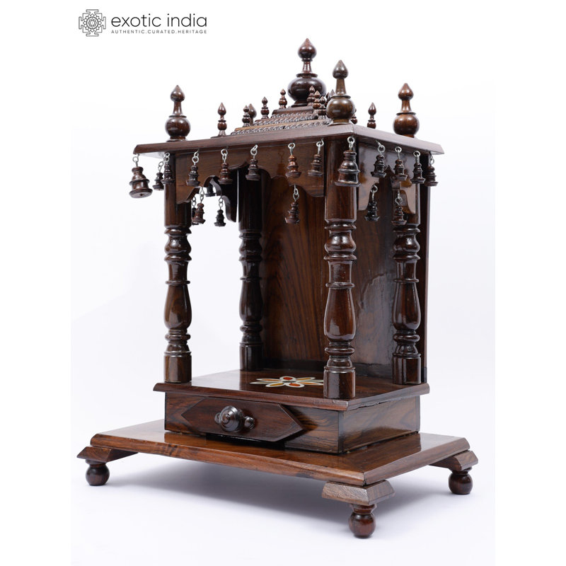 Handcrafted Wooden Puja Mandir Temple for Home – 24" Traditional Prayer Altar, Solid Wood, Drawer & Bells, Multicolor Inlay