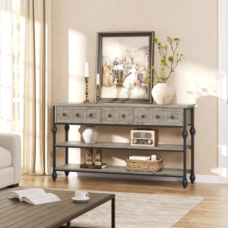 52.6 Inch Entryway Table, 3-Tier Console Table with 3 Storage Drawers & 2 Open Shelves, Industrial Roman Column Design Hallway Furniture for Hallway, Porch, Apartment