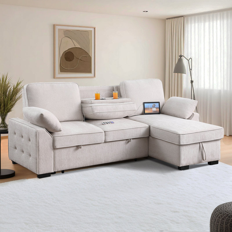 Canapé-lit modulaire coulissant 81,5 po avec méridienne réversible, 5 coussins de dossier et 2 coussins décoratifs, Beige