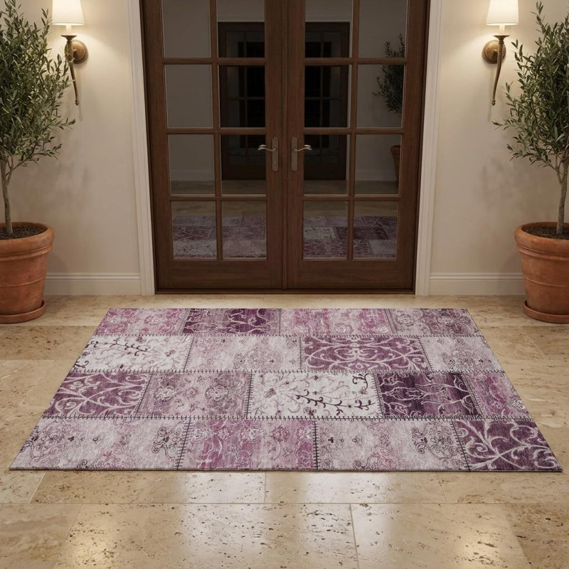 Tapis lavable patiné 3 pi x 5 pi bourgogne et ivoire avec protection UV