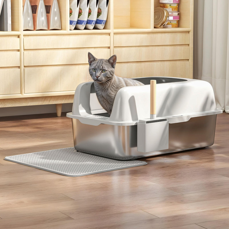 Charliann Stainless Steel Litter Box with Scoop, Grey