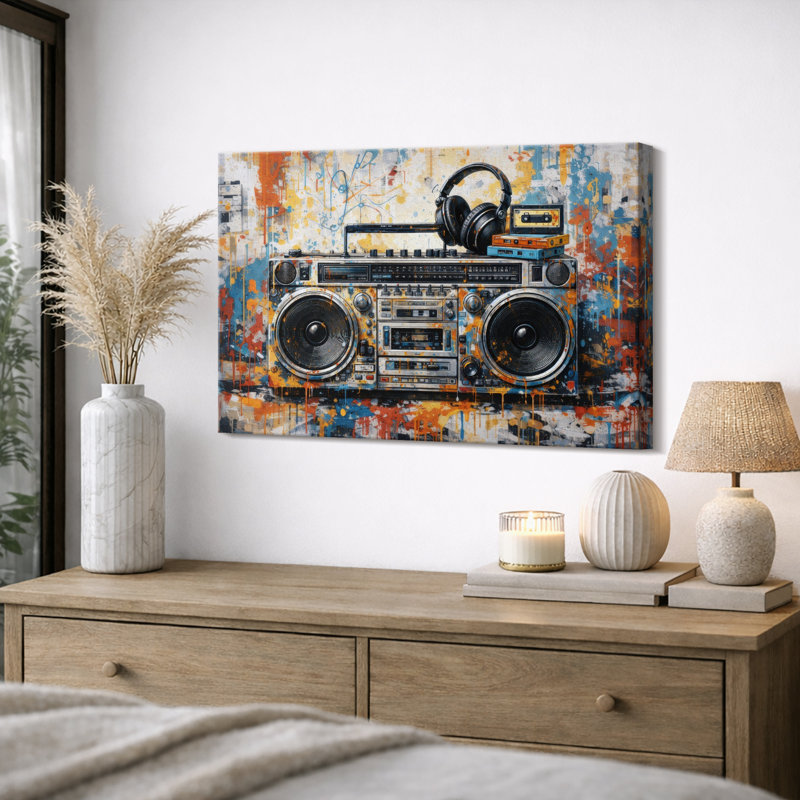 Boombox, impression de musique rétro, impression sur toile encadrée, H 24 po x l 36 po x P 1,5 po, Toile tendue
