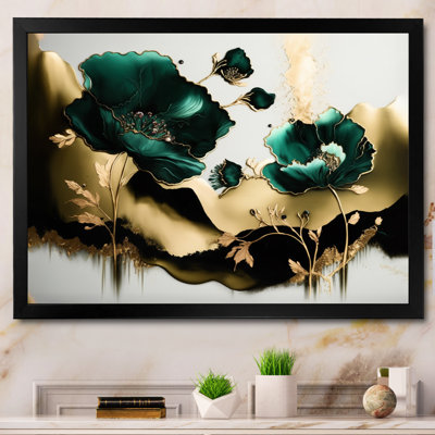 Gold And Green Poppy Floral Euphoria II - Floral Poppy Wall Art Living Room