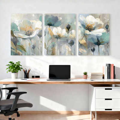 Ensemble de 3 tableaux abstraits floraux à l'aquarelle sur toile tendue