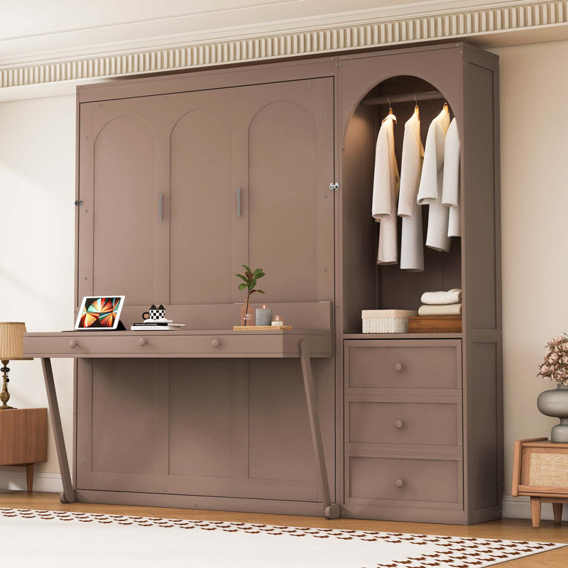 Lit escamotable peu encombrant avec rangement intégré et éclairage DEL, Brown