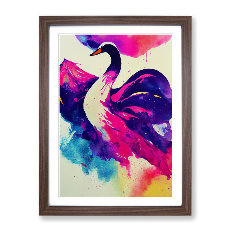 XV1022-4378X Swan In Watercolour Abstract - Single Picture Frame Painting, 64cm H x 46cm W x 2cm D, Walnut Framed