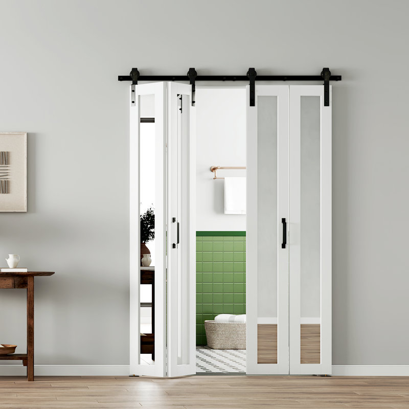 Porte de grange pliante en bois sans finition avec miroir, 48 po x 84 po