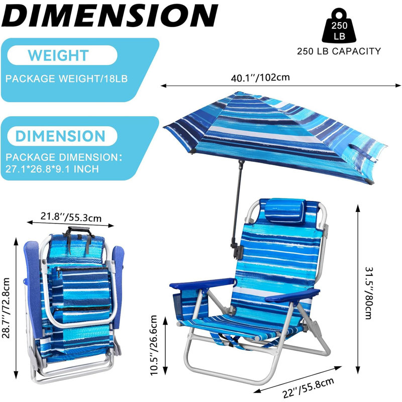 Beach Chair, Backpack Chairs For Adults With Adjustable Umbrella， Adjustable Lounge Chair For Seaside, Blue Striped, 1