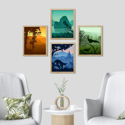 " Framed Tropical Jungle Forest Set Of 4 Silhouette Landscapes Wall Decor Prints " 4 - Pieces