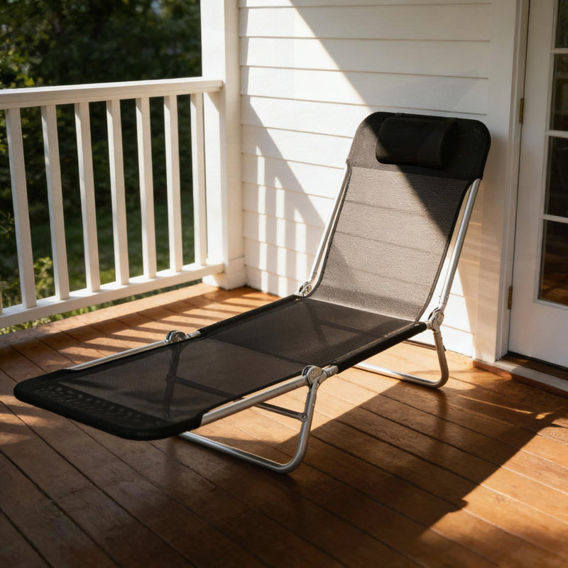 Convenient Folding Chaise Lounge Chair With Adjustable Backrest And Breathable Mesh For Poolside Relaxation, Black