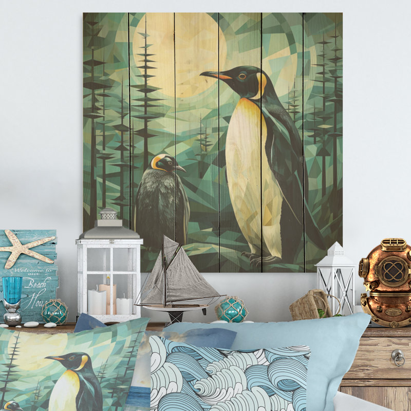 Forêt de pingouins au coucher du soleil I - Art sur bois de pin pingouin naturel, H 36 po x l 36 po