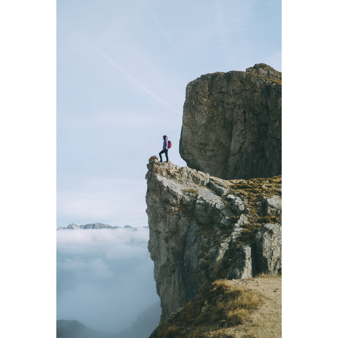 Woman Standing On Seceda Mountain von Oleh_Slobodeniuk - Leinwanddrucke