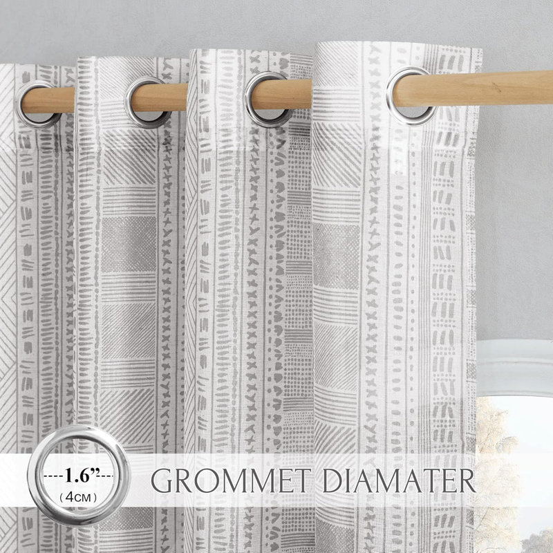  Boho Curtains for Living Room Flax Linen Sheer, Farmhouse Semi Sheer Curtains with Bohemian Stripe Pattern, Privacy Light Filtering Drapes for Bedroom/Dining Room, 1 Pair