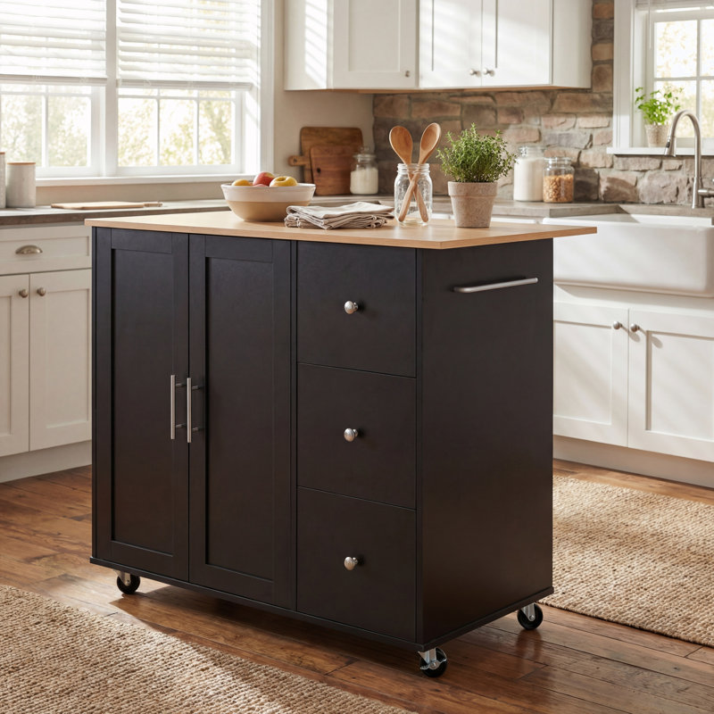 Îlot de cuisine roulant avec 2 portes, 3 tiroirs et tablette réglable