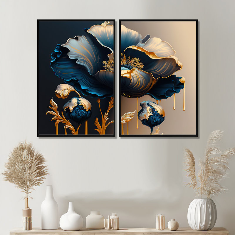 Bleu profond et fleur simple or V - impressions sur toile bleues 2 pièces, Noir, noir, noir, noir, H 36 po x l 48 po