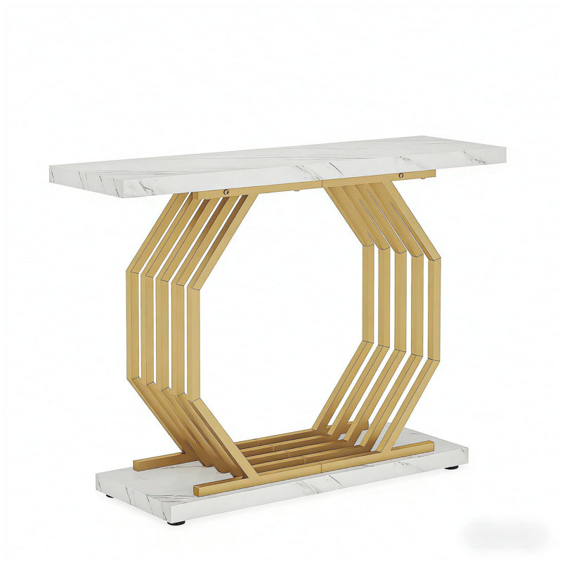Chic Gold Octagon Base Console Table with Faux Marble Top, Perfect for Entryway and Living Room Elegance