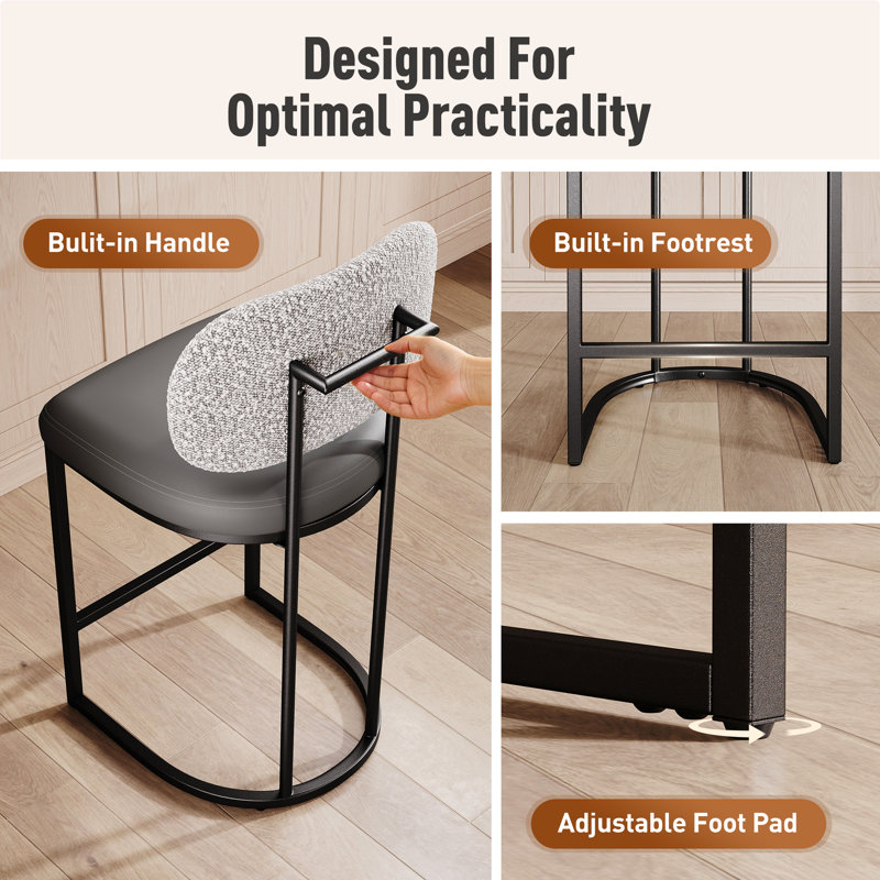 Tabouret de bar 24 po avec siège en similicuir gris et structure en métal noir (ensemble de 4), Gris / Noir, 4