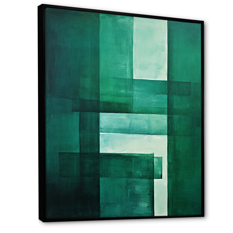 «Green Cubic Line», art déco sur toile, Cadre flottant noir, 20" H x 12" W