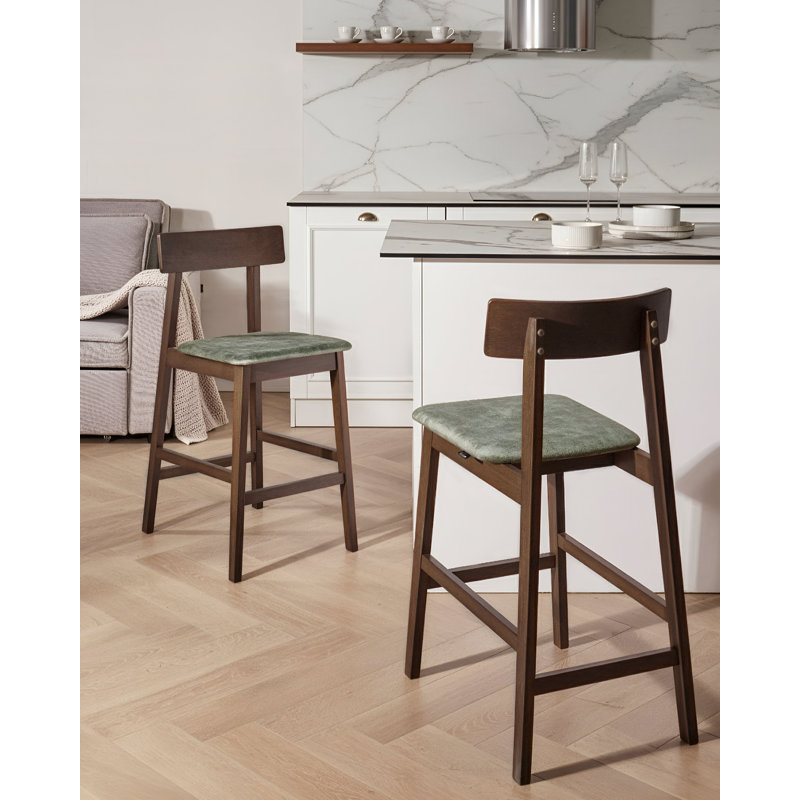 Upholstered Counter Stool with Solid Wood Frame, Green
