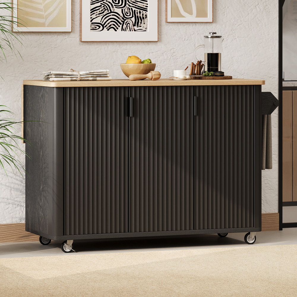 Latitude Run® Fluted Kitchen Island with Drop Leaf, Farmhouse Accent on ...