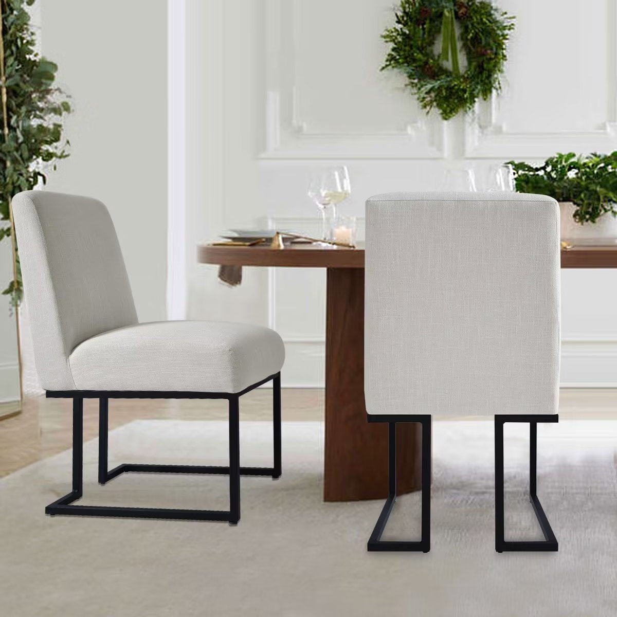 Bende Modern Fabric Upholstered Side Chairs with Metal Sled Base, Beige