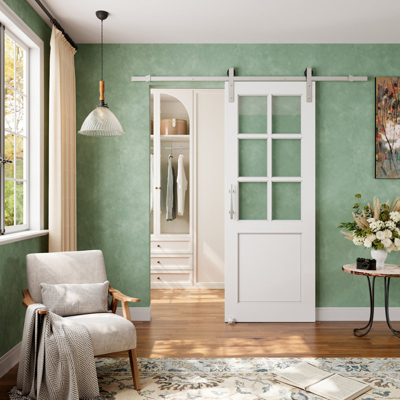 Porte de grange coulissante en verre transparent avec apprêt blanc moderne 6-Lite avec trousse de quincaillerie d'installation nickelée (aucun assemblage requis)
