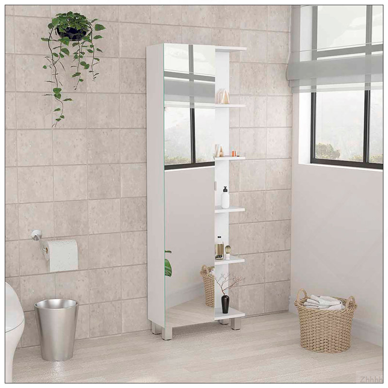 Armoire à linge miroir Urano, quatre tablettes intérieures, cinq tablettes extérieures - blanc