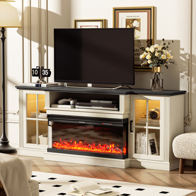  Meuble télé 70 po à 3 côtés pour téléviseur de 80 po ou moins, centre de divertissement avec foyer électrique de 34 po, consoles de télévision à DEL pour le salon, console multimédia Highboy avec porte vitrée