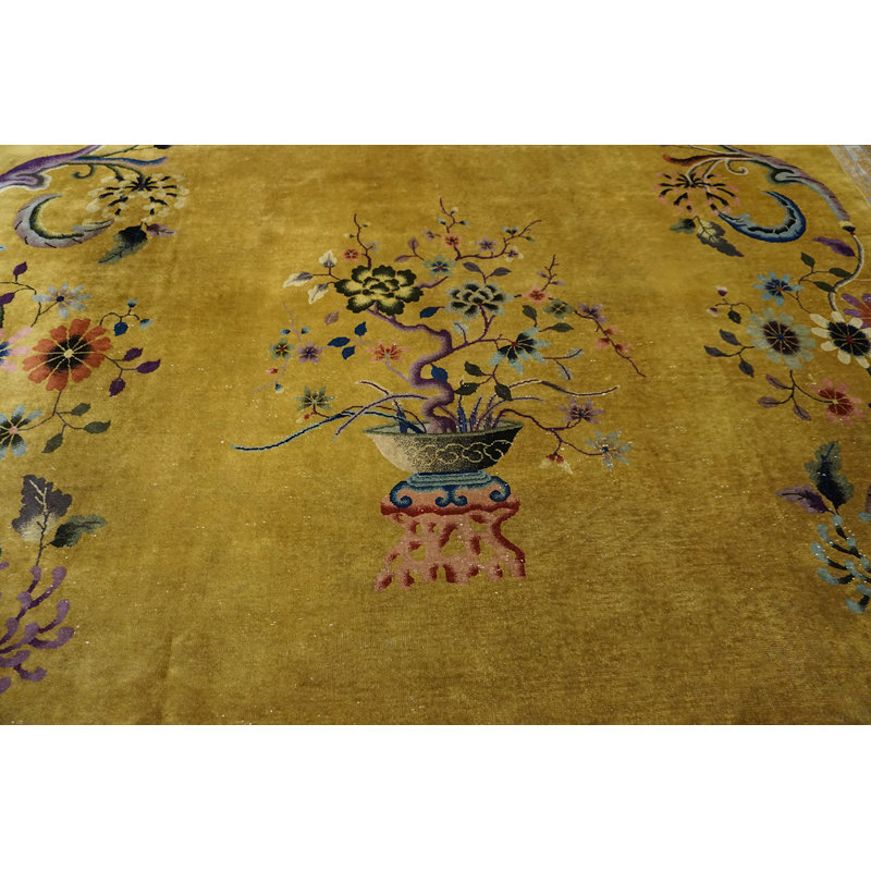 Yellow Gold Color Antique Floral Vase Medallion Design Chinese Deco Carpet
